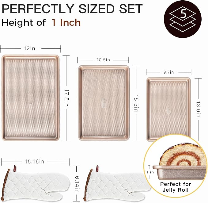 HONGBAKE 3 Pack Gold Nonstick Baking Sheet Pan Set - Image 6