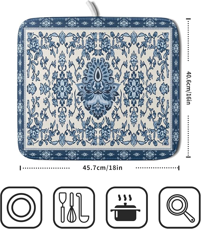 Blue Floral Dish Drying Mat for Kitchen Counter 16x18 Chinoiserie Flower Print - Image 2
