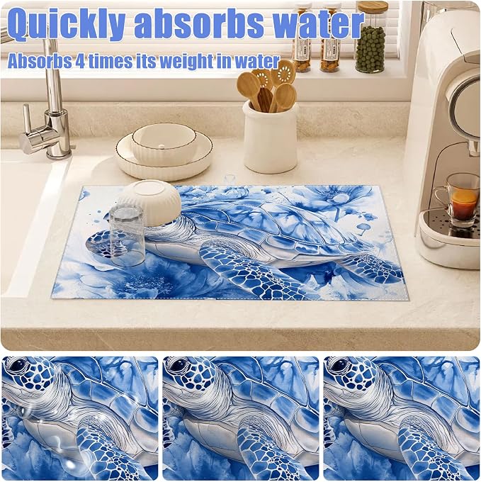 Watercolor Turtle Floral Dish Drying Mat - Image 4