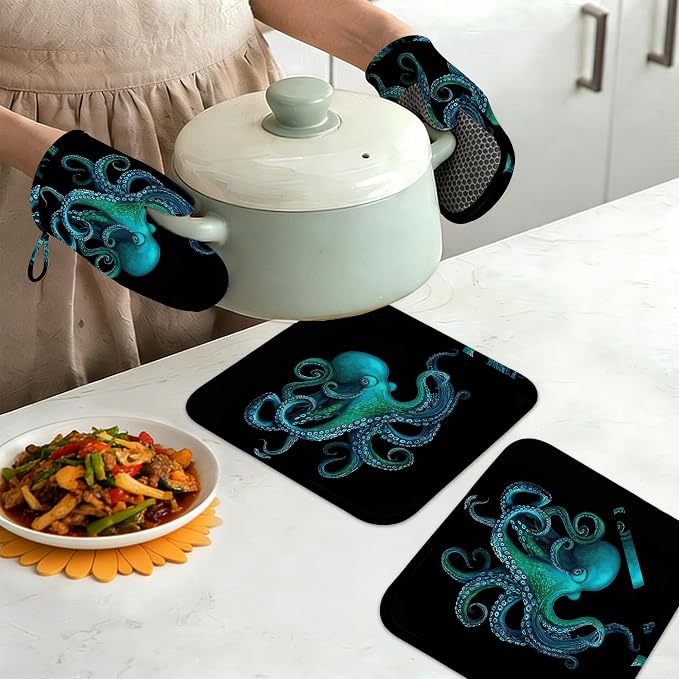 Oven Mitts and Pot Holders Green Octopus Silicone Kitchen Accessories Set of 4 - Image 7