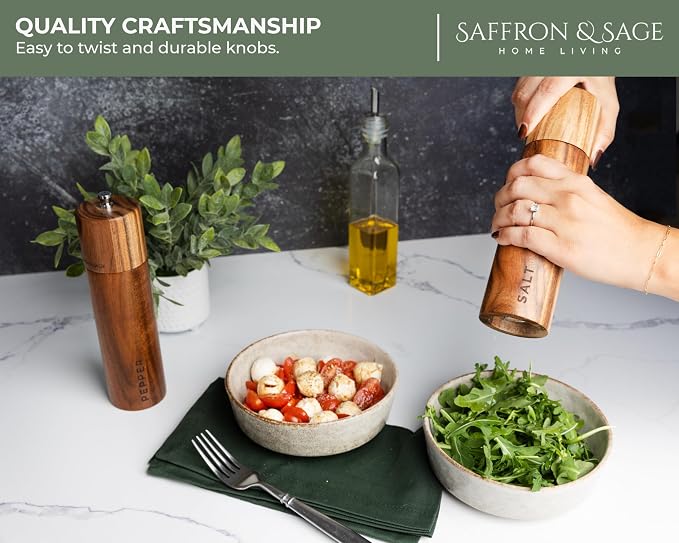 Saffron & Sage Premium Acacia Wood Salt and Pepper Grinder Set of 2-8” Tall - Image 3