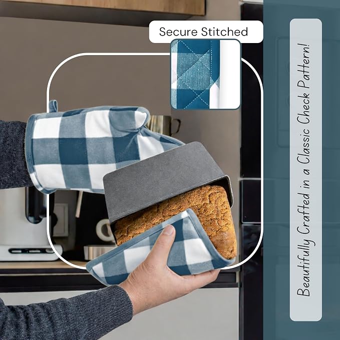 Native Fab Buffalo Plaid Check Oven Mitts and Pot Holders Set of 4, 100% Cotton - Image 2
