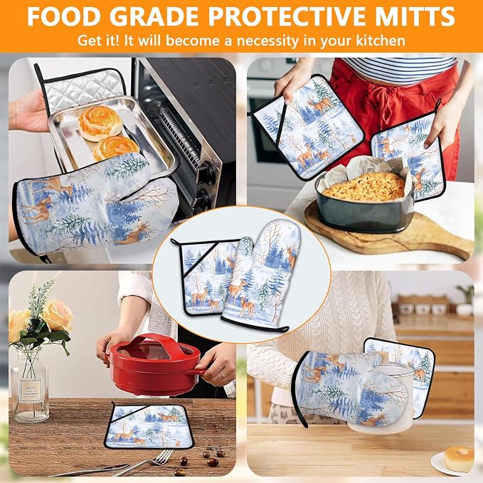Deer Mitts and Pot Holders Sets 4Pcs, Extra Long Oven Gloves Potholder - Image 7