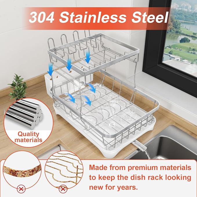 Dish Drying Rack for Kitchen Counter, 2-Tier 304 Stainless Steel Dish Rack - Image 4