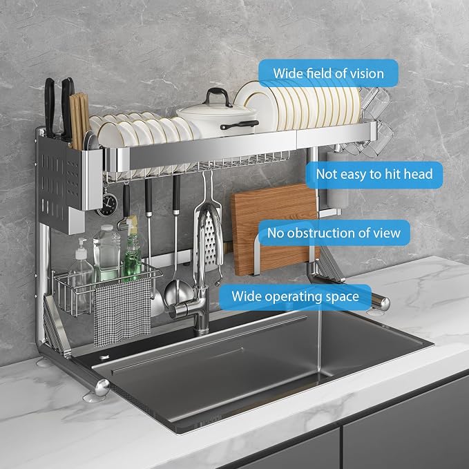 Over The Sink Dish Drainer Drying Rack, 2 Tier Adjustable Width 304 Stainless - Image 7
