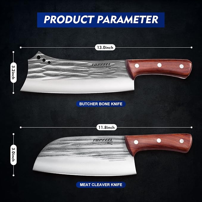 Topfeel 2PCS Meat Cleaver & Heavy Duty Bone Chopper Knife Set, Hand Forged - Image 6