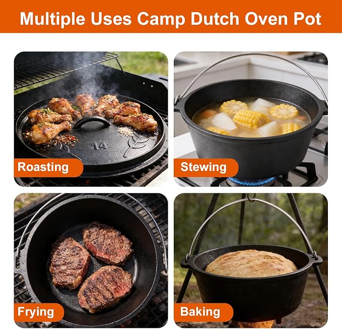 10 QT Pre-Seasoned Cast Iron Camp Dutch Oven - Image 6