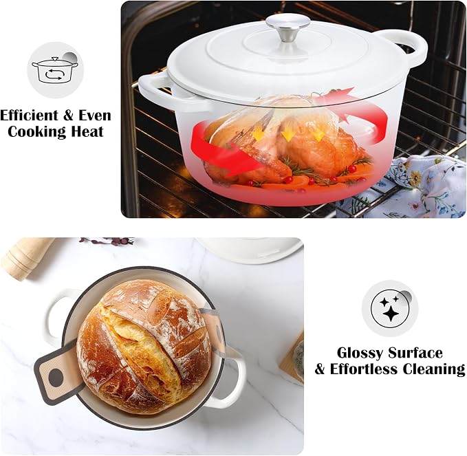 E-far Enameled Dutch Oven Pot for Bread Baking, 6QT Enameled Cast Iron Cookware - Image 6
