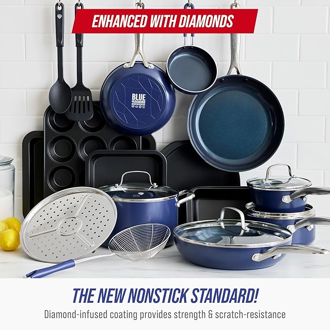 Blue Diamond 20 Piece Nonstick Cookware Set, Diamond Ceramic Pots & Pans - Image 2