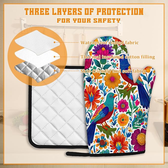 Colorful Bird Oven Mitts and Pot Holders, Flowers Mexican Style Heat Resistant - Image 3