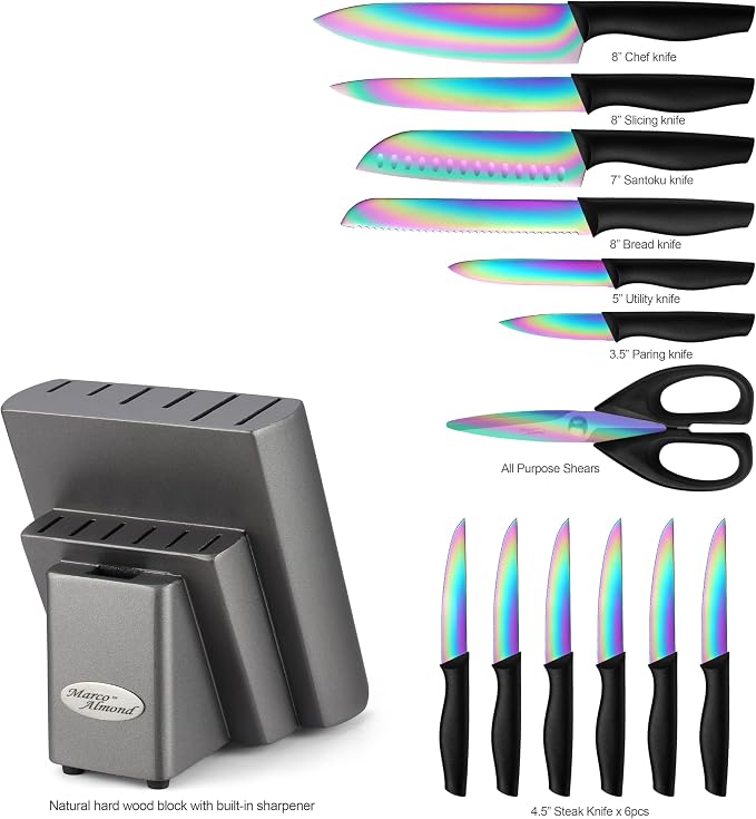 Marco Almond Knife Set with Block, 14 Piece Rainbow Titanium Knife Block Set - Image 2