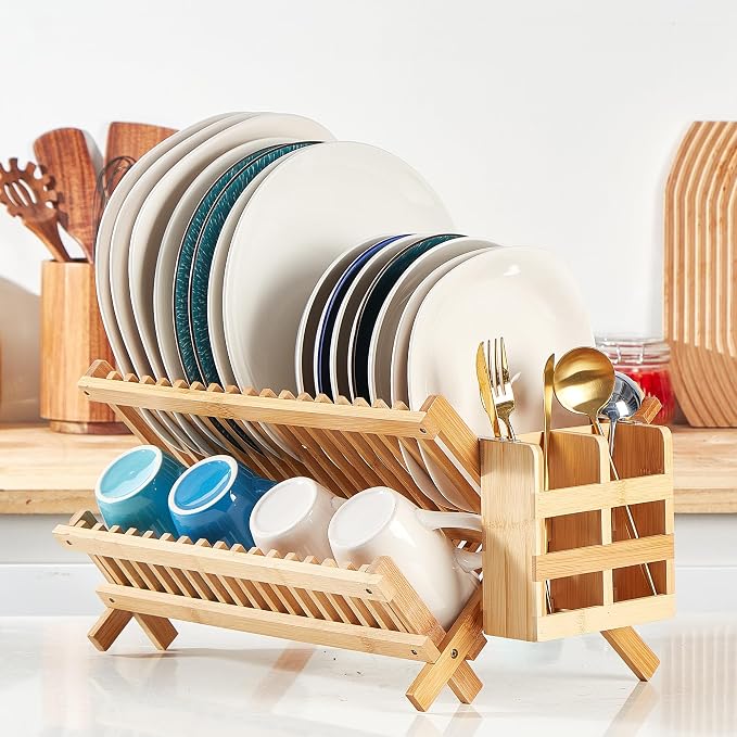 NOVAYEAH Bamboo Dish Drying Rack-2 Tier, Collapsible Small Dish Rack - Image 7