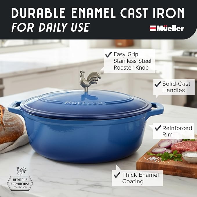 MUELLER HOME 5.5 Quart Enameled Cast Iron Oval Dutch Oven w Rooster Knob & - Image 2