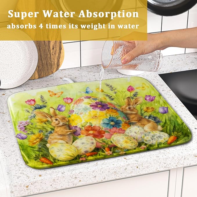 Easter Dish Drying Mat for Kitchen Counter Spring Bunny Microfiber Countertop - Image 7