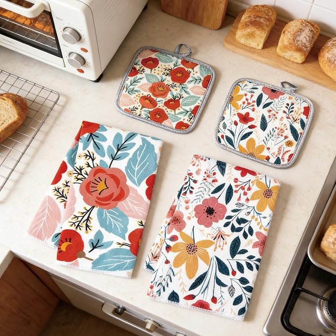 6 Pcs Kitchen Stuff, Wild Floral Kitchen Oven Mitts, Pot Holders Sets - Image 5