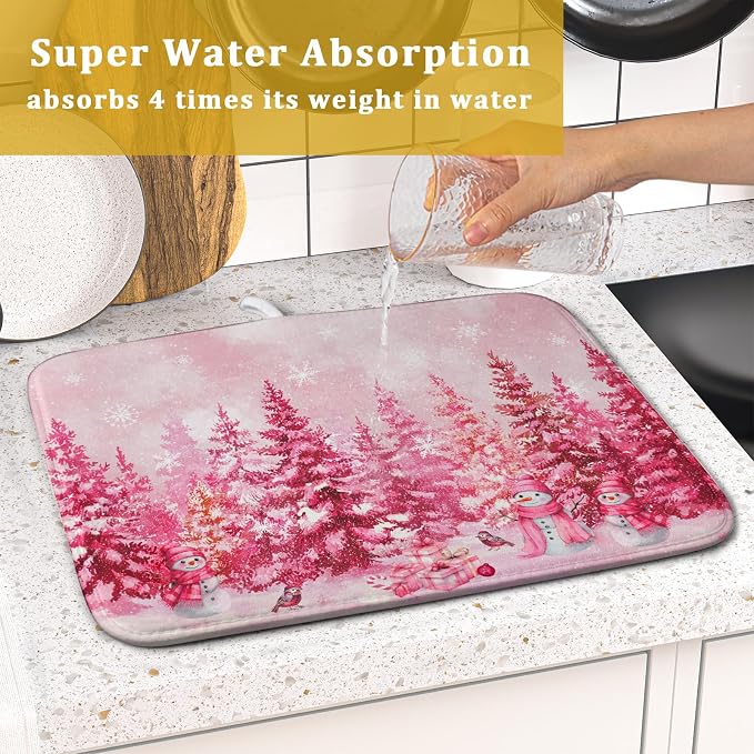 Pink Winter Dish Drying Mat Forest Washable Drying Matt Kitchen Counter - Image 7