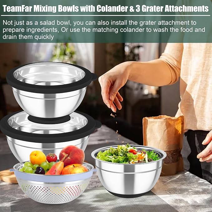 TeamFar Mixing Bowls with Colander Set, Stainless Steel Strainer and Nesting - Image 6