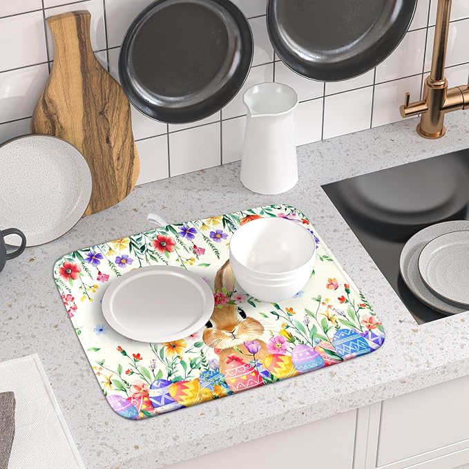 Giwawa Easter Rabbit Dish Drying Mat Spring Flower Dish Drainer Rack Mats 16x18 - Image 6