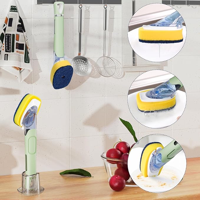 Dish Brush with Soap Dispenser Storage Set with 2 PCS Sponge Refills & Holder - Image 7