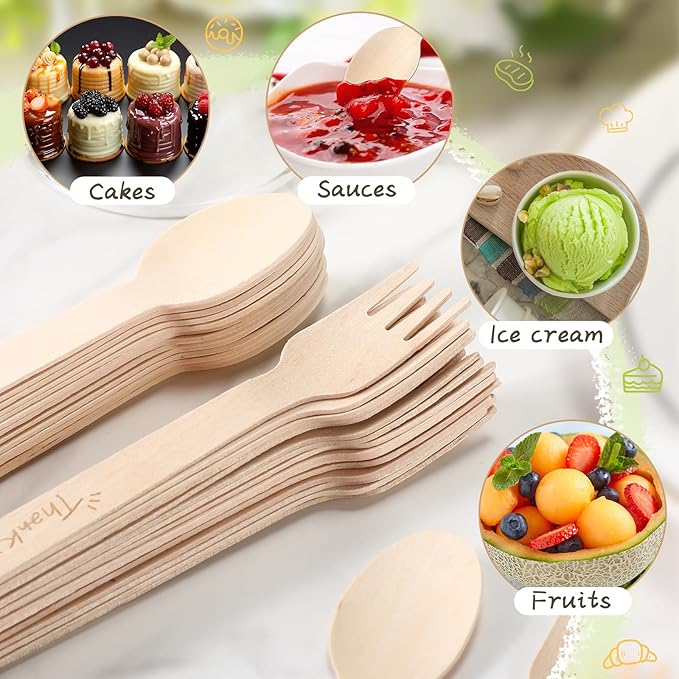 LemonRoad 200 Pcs Thank You Disposable Wooden Cutlery Set Bamboo Utensils 100 - Image 3