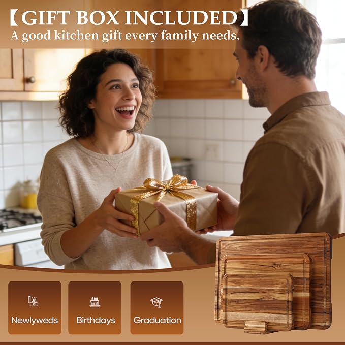 3 Pack Teak Cutting Board Set for Kitchen Wood Charcuterie Board - Image 8