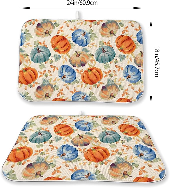 Fall Dish Drying Mat 18x24 Inch Burnt Orange Blue Green Pumpkin Leaves Drying - Image 2