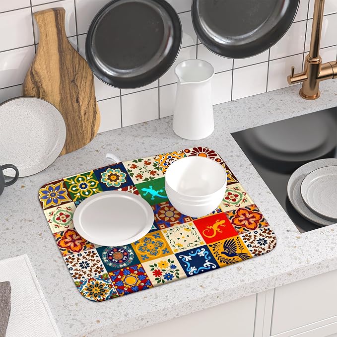 Giwawa Mexican Tile Dish Drying Mat 16"x18" Talavera Boho Floral Print Dish - Image 5