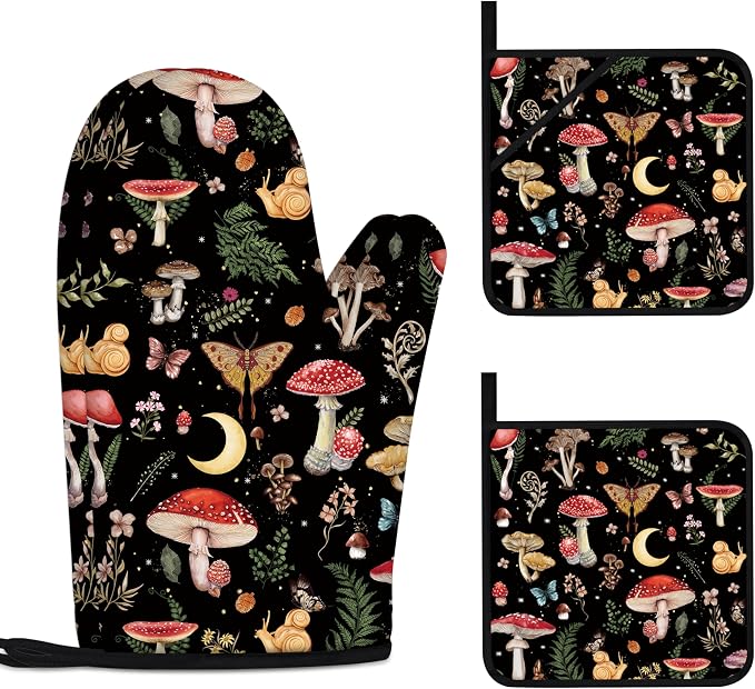 Mushroom Oven Mitts and Pot Holders Sets Cute Oven Gloves Heat Resistant 4 Pcs by Kupenya