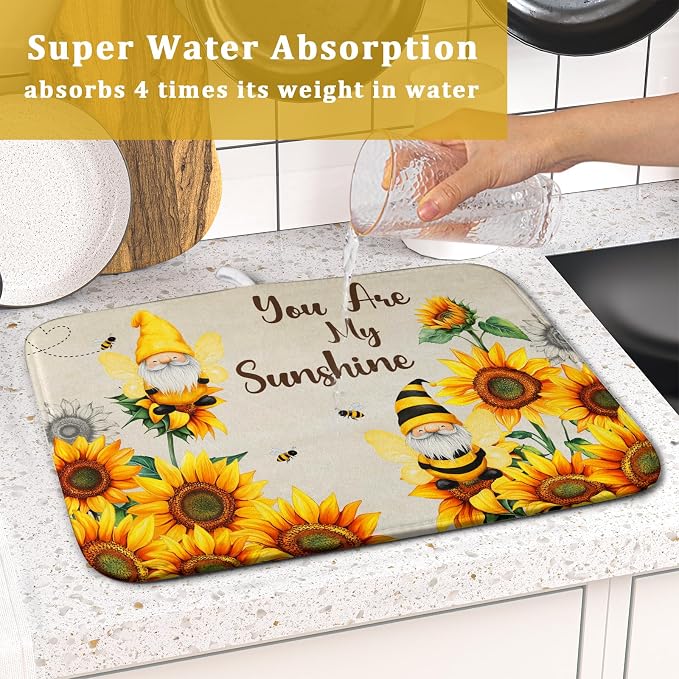 Giwawa Bee Gnomes Dish Drying Mat, Summer Sunflowers Elf Dish Drainer Mats - Image 7