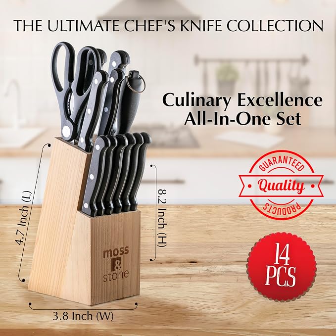 Moss & Stone 14 Pcs Knife Block Set Stainless Steel, Premium Forged Kitchen - Image 4