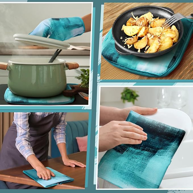 Bencailor 6 Pcs Teal Kitchen Accessories Teal Kitchen Towels Pot Holders and - Image 6