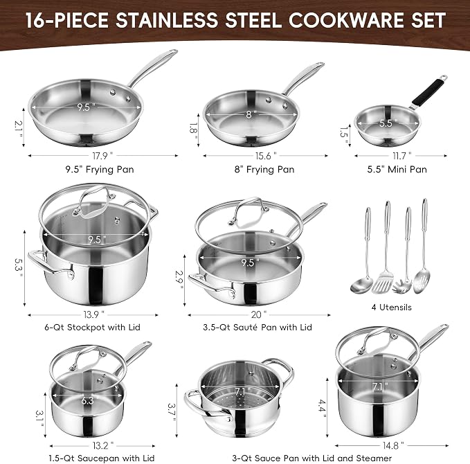 SuperCook Tri Ply Stainless Steel Cookware Set, 16-Piece Pots and Pans Set - Image 2