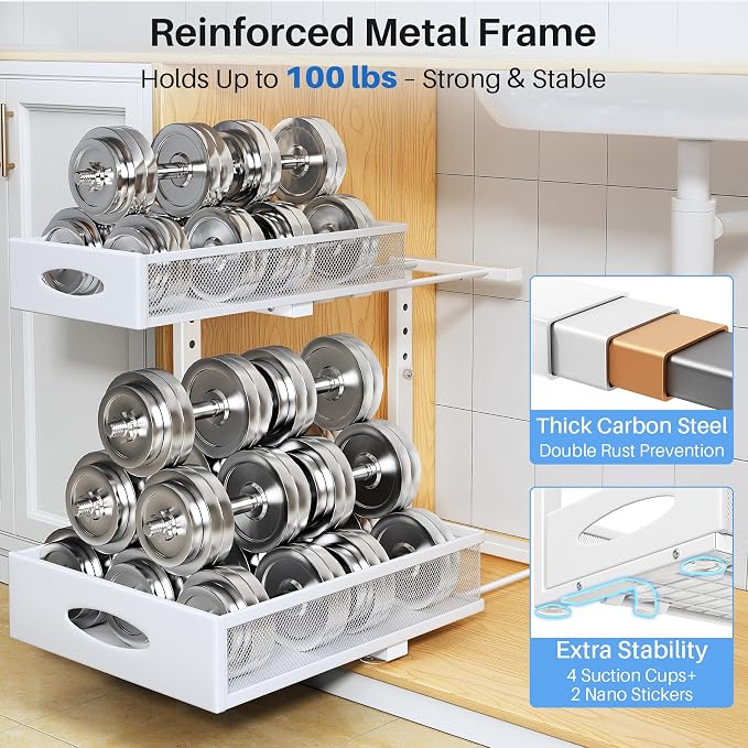 Under Sink Organizer, 2 Tier Pull Out Under Cabinet Organizer Shelf - Image 7