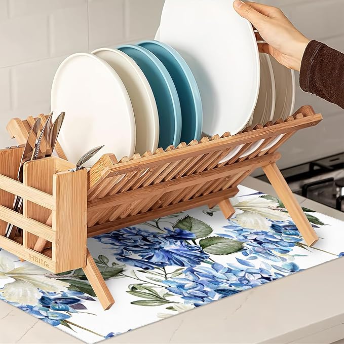 Blue Hydrangea Flowers Dish Drying Mat, Bird Drying Rack Pad Countertop Dishes - Image 7
