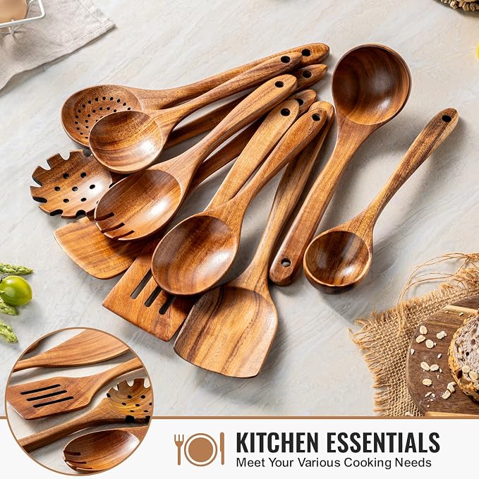Terlulu 10 Pcs Wooden Spoons for Cooking, Natural Teak Wooden Kitchen Utensils - Image 3