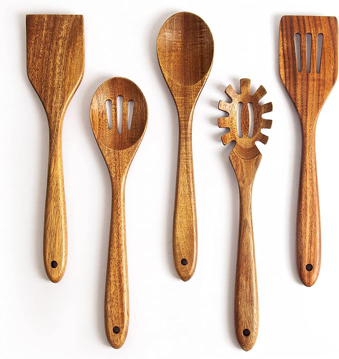KITEISCAT Acacia Wooden Spoons for Cooking: 5-Piece Kitchen & Cooking Utensils by KITEISCAT