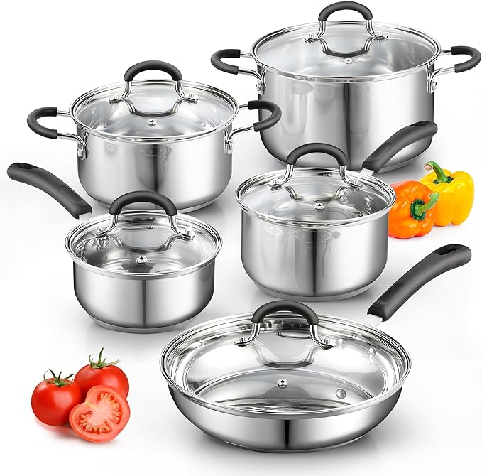Cook N Home Stainless Steel Cookware Sets 10-Piece, Pots and Pans Kitchen by CookNHome