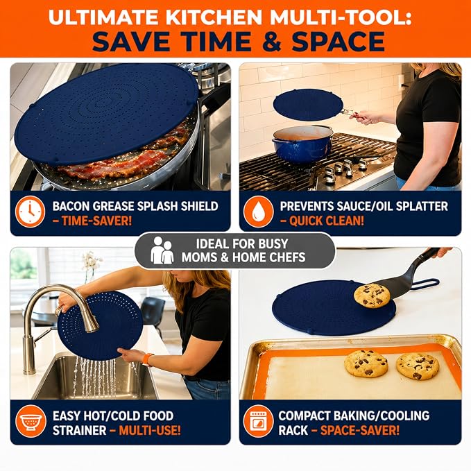 Silicone Splatter Screen for Frying Pan, 13” Navy – Grease & Oil Splatter Guard - Image 4
