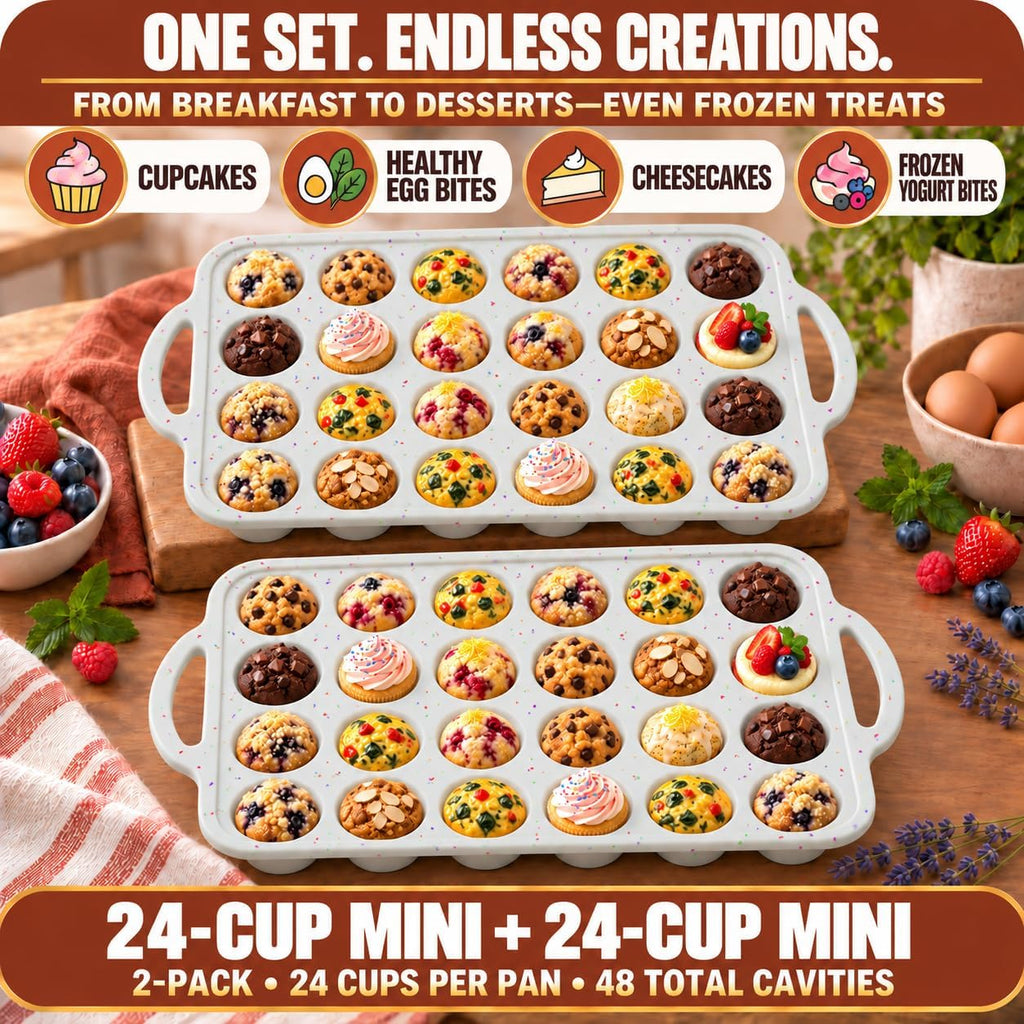 Silicone Mini Muffin Pan, 24 Cup 2 Pack with Metal Reinforced Frame