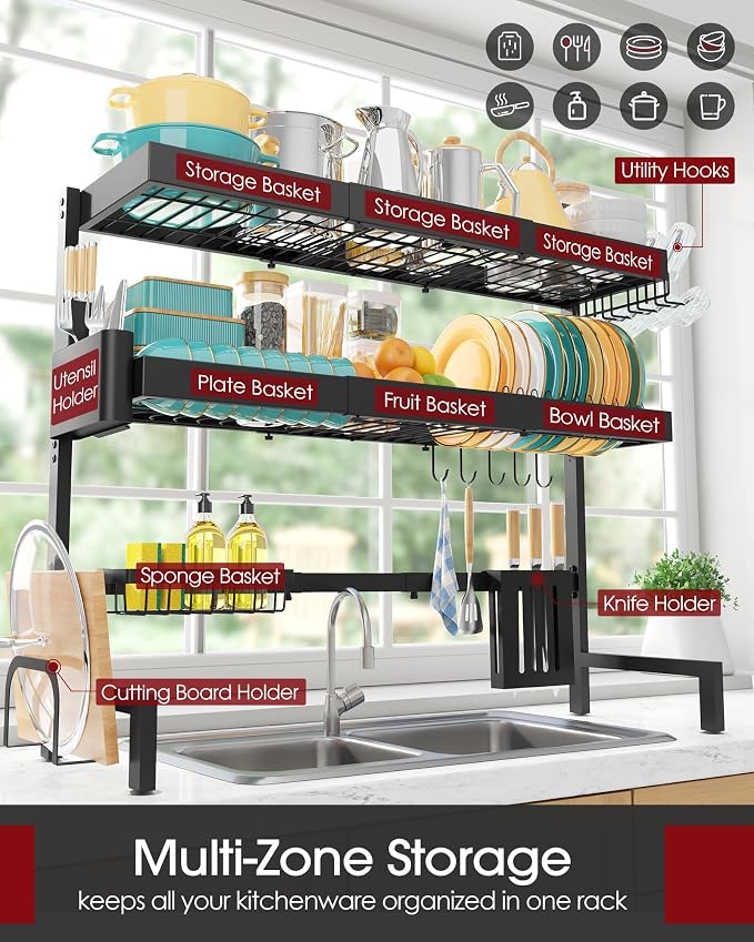 Sakugi Over The Sink Dish Drying Rack, Expandable 3-Tier Stainless Steel - Image 2