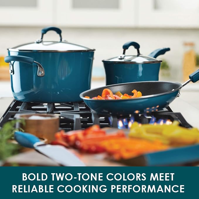 Rachael Ray Brights Nonstick Cookware Pots and Pans Set, 10 Piece, Marine Blue - Image 2