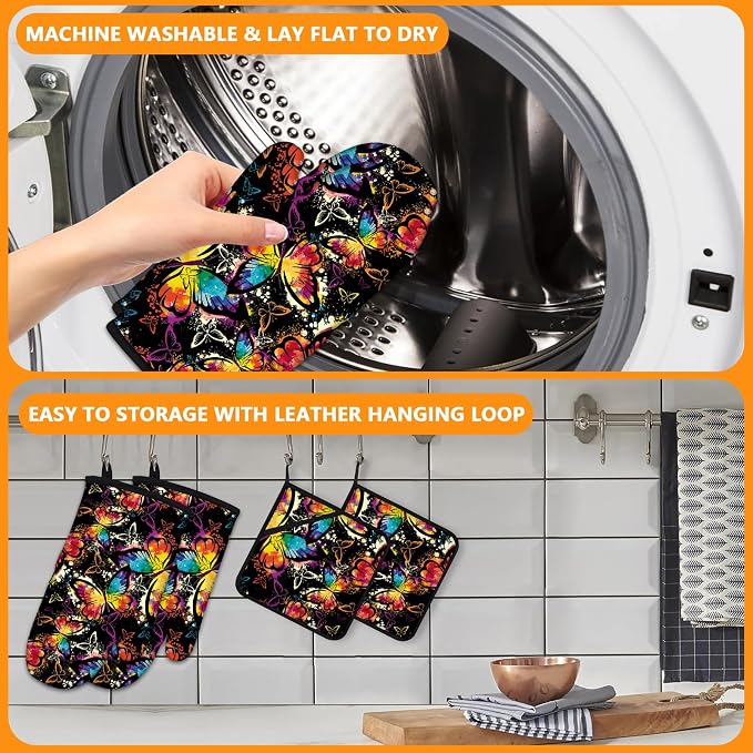 Colorful Butterfly Oven Mitts and Pot Holders Sets 4Pcs, Extra Long Oven Gloves - Image 5