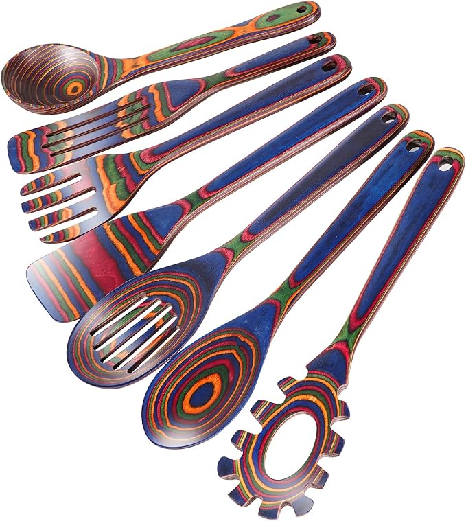 MYRAINBOW Wooden Spoons for Cooking – 7 Piece Pakkawood Kitchen Utensils Set by Myrainbow