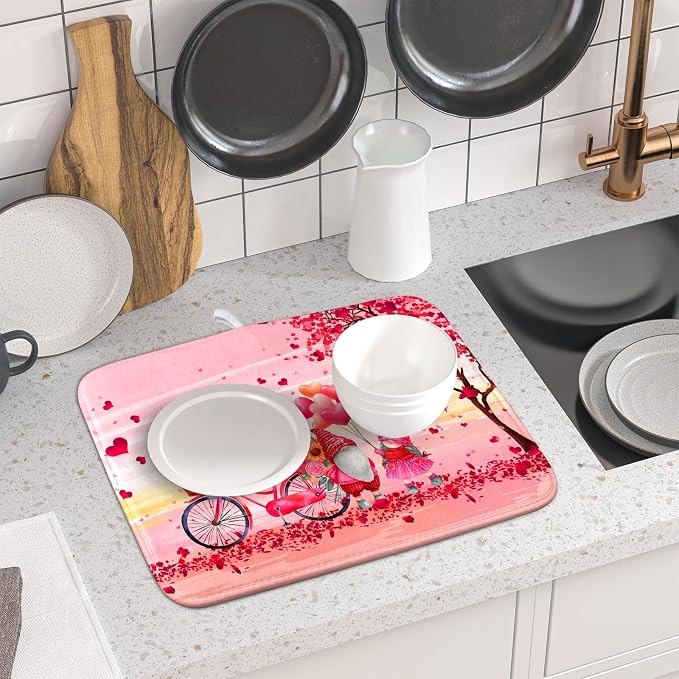 Pink Heart Valentine's Day Gnomes Dish Drying Mat - Image 6