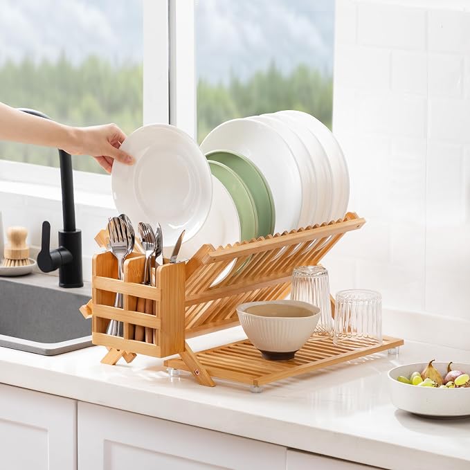 Bamboo Dish Drying Rack with Utensil Holder, 3 Tier Collapsible Dish Rack - Image 5