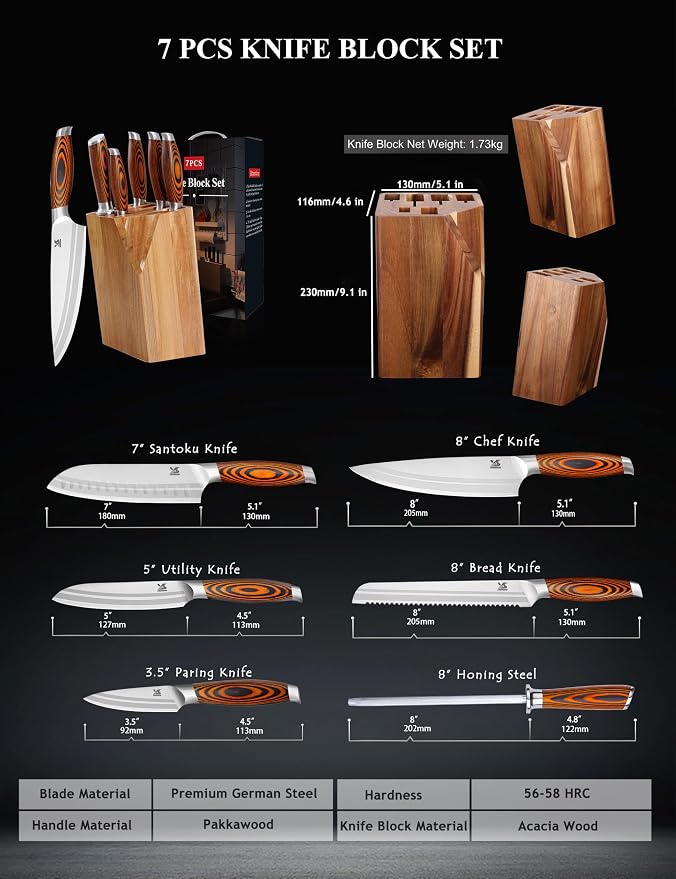 MSY BIGSUNNY 7pcs Knife Block Set, German Steel Chef Knife Set, Precious - Image 4