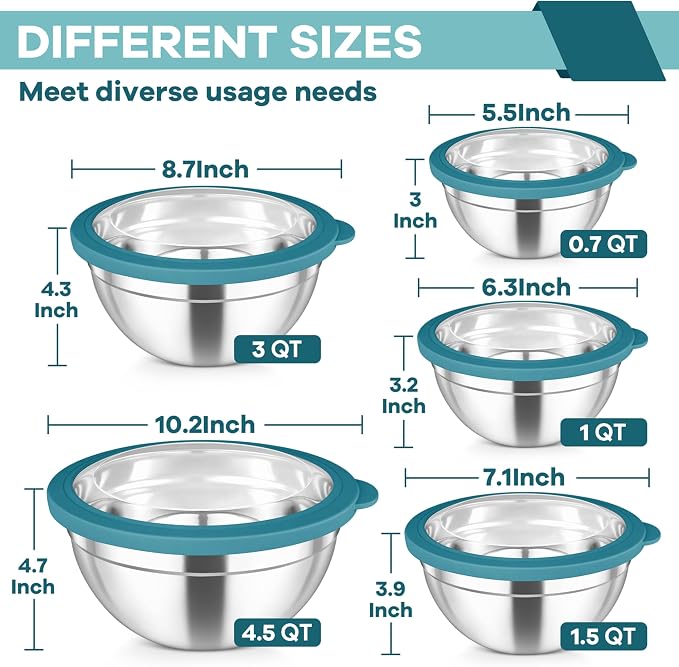 TeamFar Mixing Bowls Set, 4.5/3/1.5/1/0.7 QT Stainless Steel Nesting Salad Bowls - Image 2
