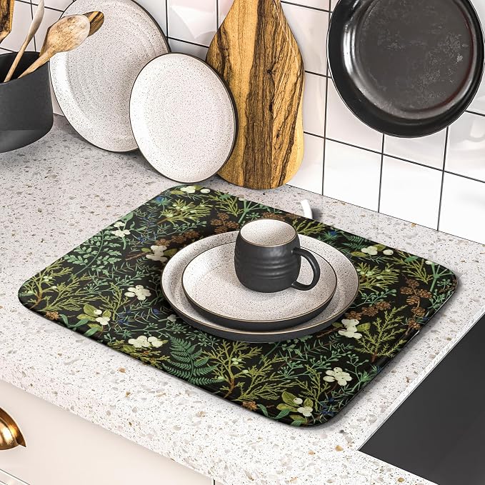 Green Plants Dish Drying Mat for Kitchen Counter Microfiber Absorbent Dish - Image 5