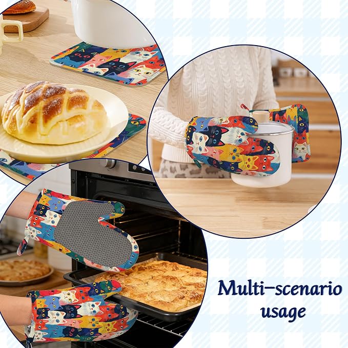 Colourful Cats Oven Mitts and Pot Holders Sets of 4 Cute Animal Heat Resistant - Image 6