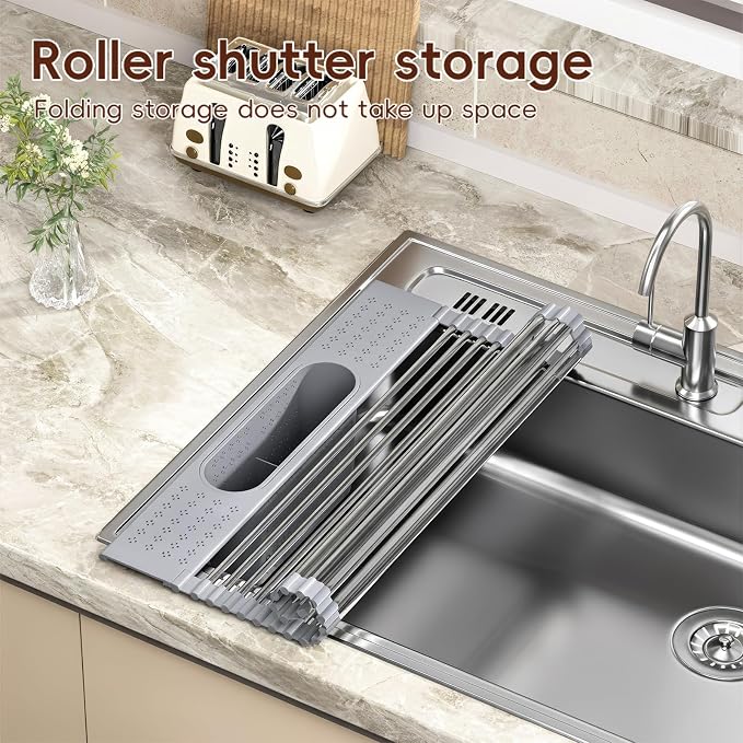 Roll Up Dish Drying Rack Over Sink, 17.5" x 15.2" Foldable SUS304 Stainless - Image 4